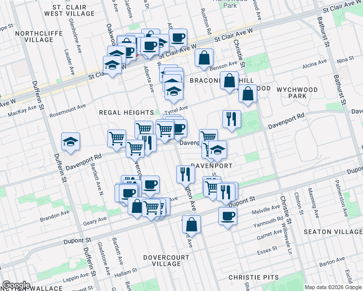 map of restaurants, bars, coffee shops, grocery stores, and more near 1113 Davenport Road in Toronto