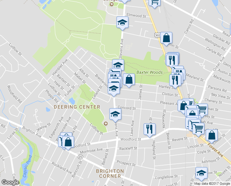 map of restaurants, bars, coffee shops, grocery stores, and more near Stevens Ave & Brentwood St in Portland