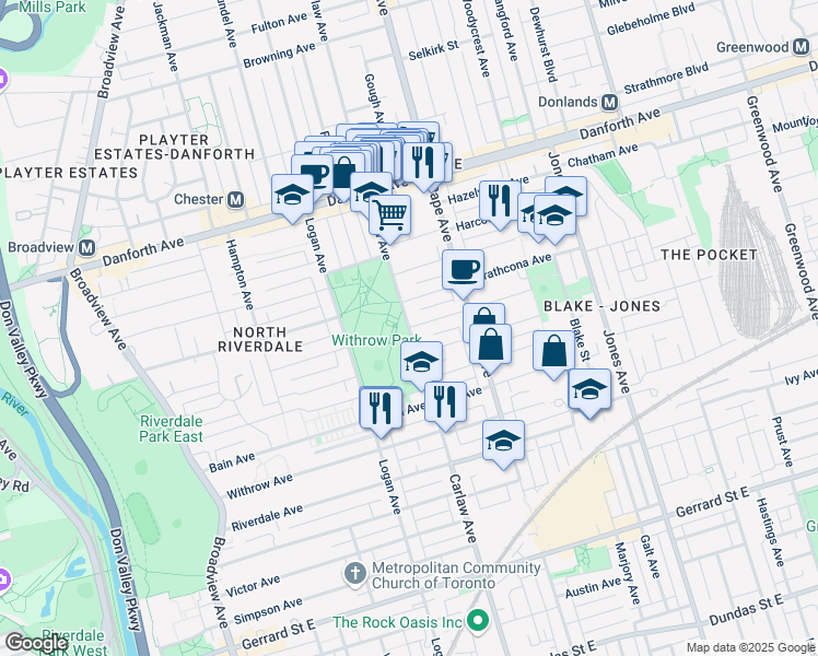 map of restaurants, bars, coffee shops, grocery stores, and more near Carlaw Ave & Wroxeter Ave in Toronto