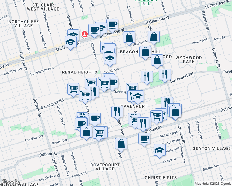 map of restaurants, bars, coffee shops, grocery stores, and more near 1109 Davenport Road in Toronto