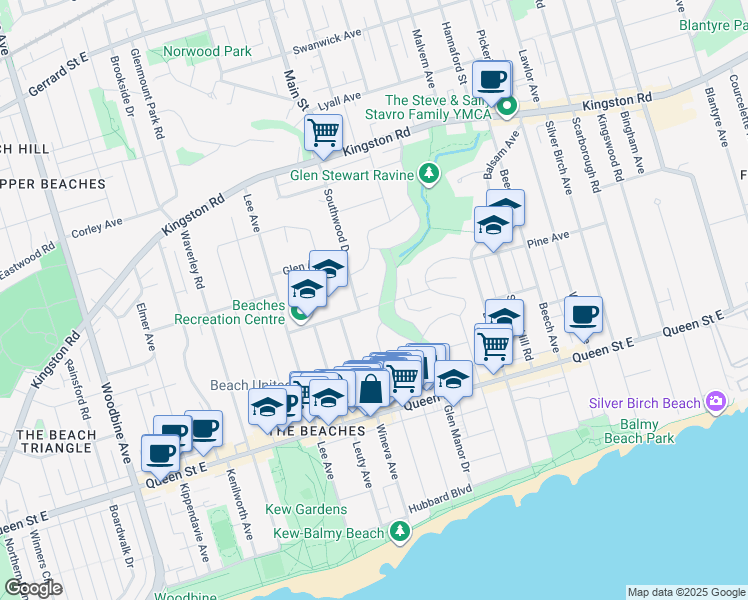 map of restaurants, bars, coffee shops, grocery stores, and more near 252 Glen Manor Drive West in Toronto