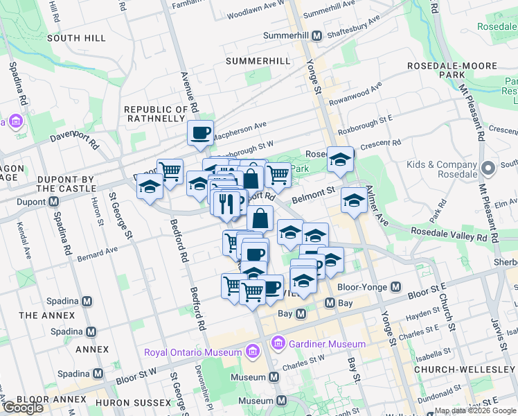 map of restaurants, bars, coffee shops, grocery stores, and more near 125 Hazelton Avenue in Toronto