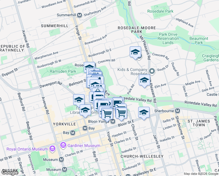 map of restaurants, bars, coffee shops, grocery stores, and more near 120 Rosedale Valley Road in Toronto