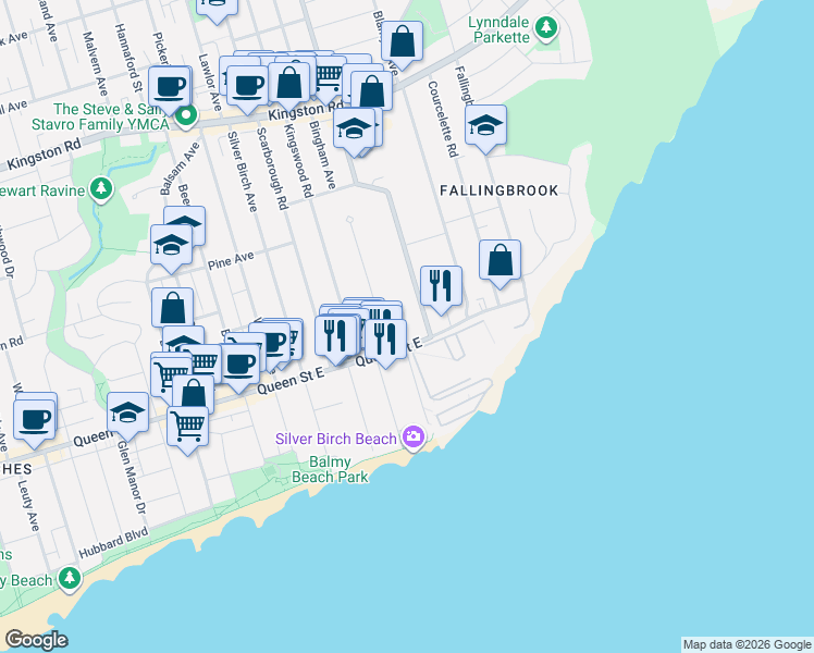 map of restaurants, bars, coffee shops, grocery stores, and more near 2368 Queen Street East in Toronto