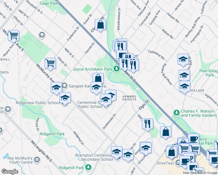 map of restaurants, bars, coffee shops, grocery stores, and more near 188 Mill Street South in Brampton