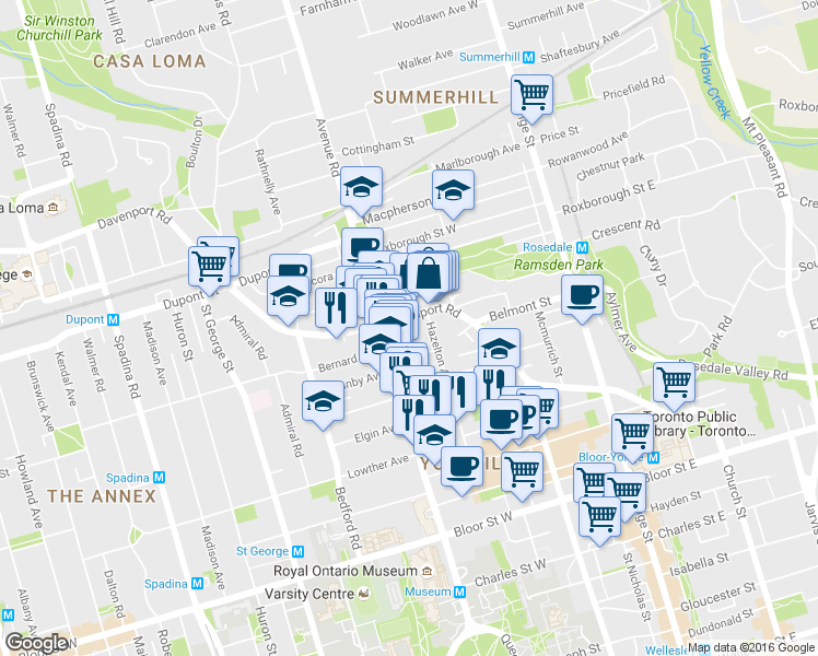 map of restaurants, bars, coffee shops, grocery stores, and more near in Toronto