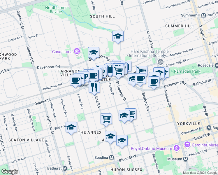 map of restaurants, bars, coffee shops, grocery stores, and more near in Toronto