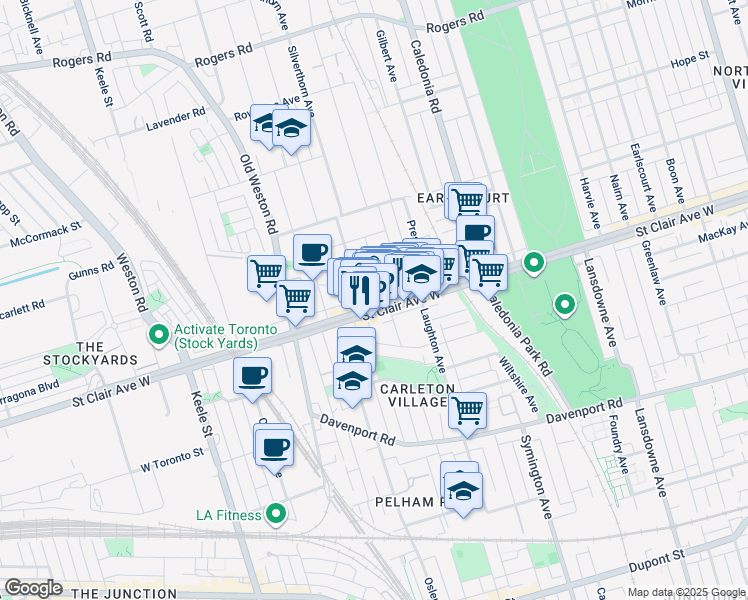 map of restaurants, bars, coffee shops, grocery stores, and more near 1709 Saint Clair Avenue West in Toronto