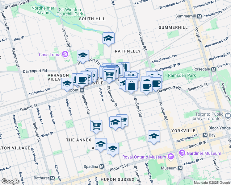 map of restaurants, bars, coffee shops, grocery stores, and more near 100 Admiral Road in Toronto