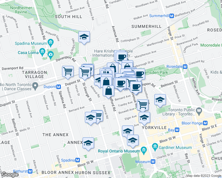 map of restaurants, bars, coffee shops, grocery stores, and more near 50 Bernard Avenue in Toronto