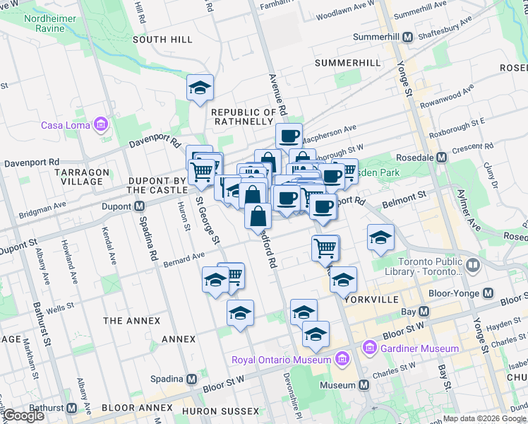 map of restaurants, bars, coffee shops, grocery stores, and more near 181 Bedford Road in Toronto