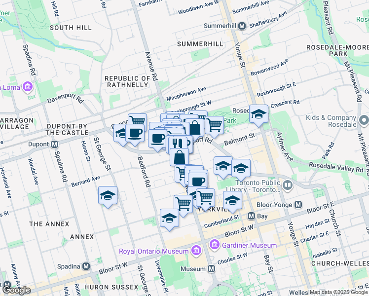map of restaurants, bars, coffee shops, grocery stores, and more near 225 Davenport Road in Toronto