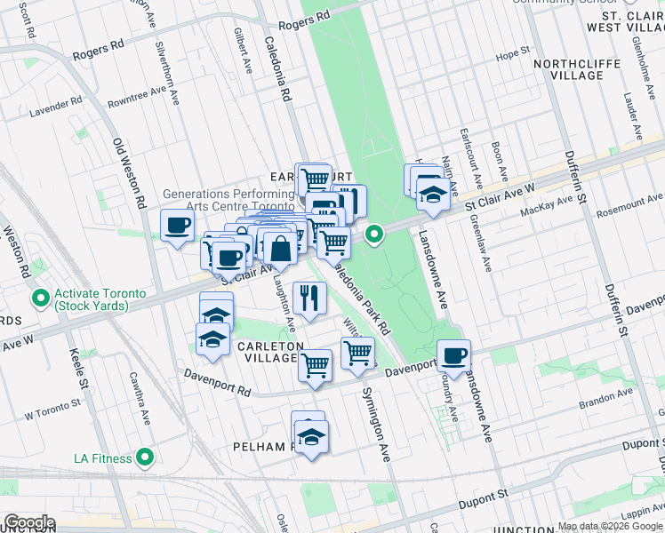 map of restaurants, bars, coffee shops, grocery stores, and more near 114 Caledonia Park Road in Toronto