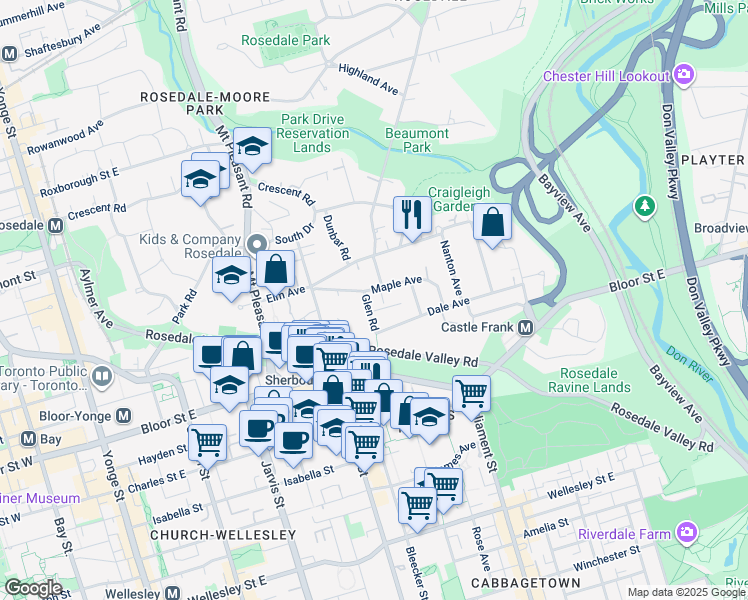 map of restaurants, bars, coffee shops, grocery stores, and more near 45 Glen Road in Toronto