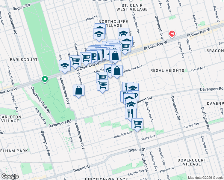 map of restaurants, bars, coffee shops, grocery stores, and more near 34 Peterborough Avenue in Toronto