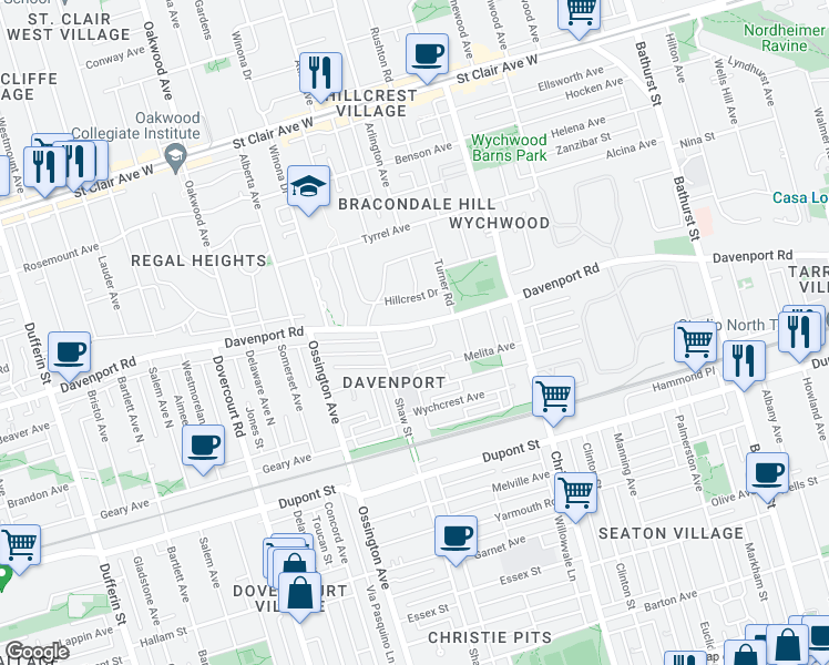 map of restaurants, bars, coffee shops, grocery stores, and more near 1047 Davenport Road in Toronto