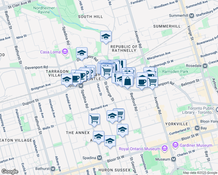 map of restaurants, bars, coffee shops, grocery stores, and more near 108 Admiral Road in Toronto