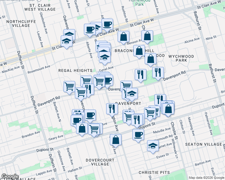 map of restaurants, bars, coffee shops, grocery stores, and more near 1103 1/2 Davenport Road in Toronto