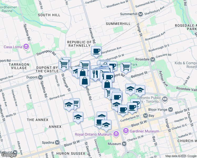 map of restaurants, bars, coffee shops, grocery stores, and more near 238 Davenport Road in Toronto