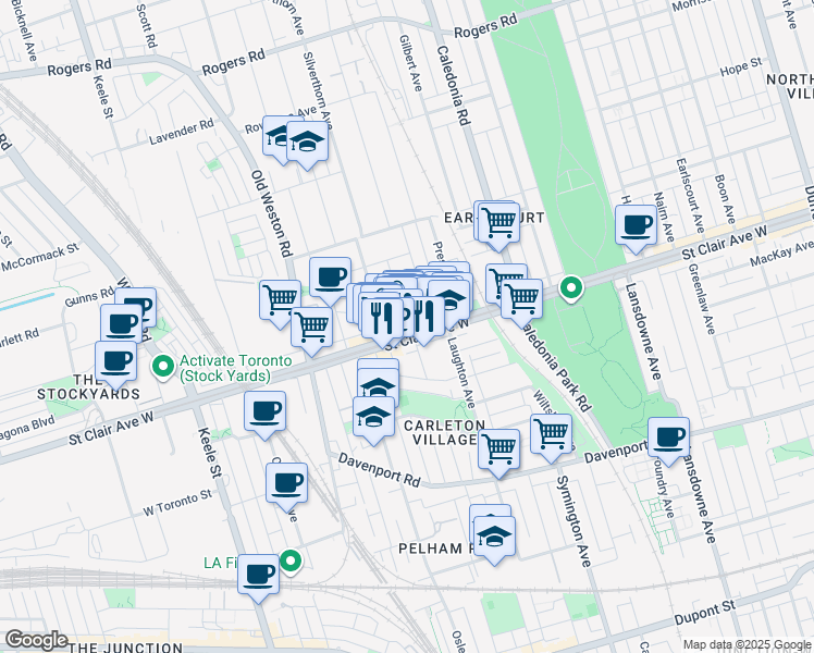 map of restaurants, bars, coffee shops, grocery stores, and more near 1700 Saint Clair Avenue West in Toronto