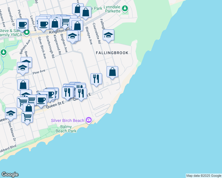 map of restaurants, bars, coffee shops, grocery stores, and more near 3015 Queen Street East in Toronto