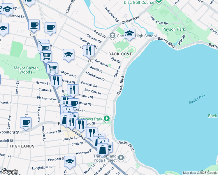 map of restaurants, bars, coffee shops, grocery stores, and more near 194 Clifton Street in Portland