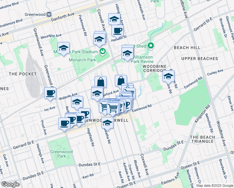 map of restaurants, bars, coffee shops, grocery stores, and more near 357 Rhodes Avenue in Toronto