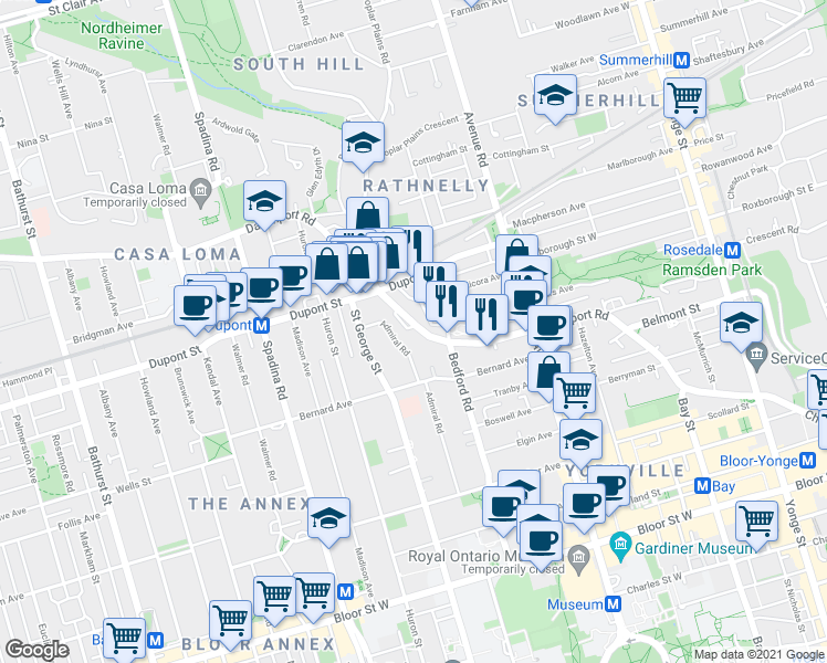 map of restaurants, bars, coffee shops, grocery stores, and more near 323 Davenport Road in Toronto
