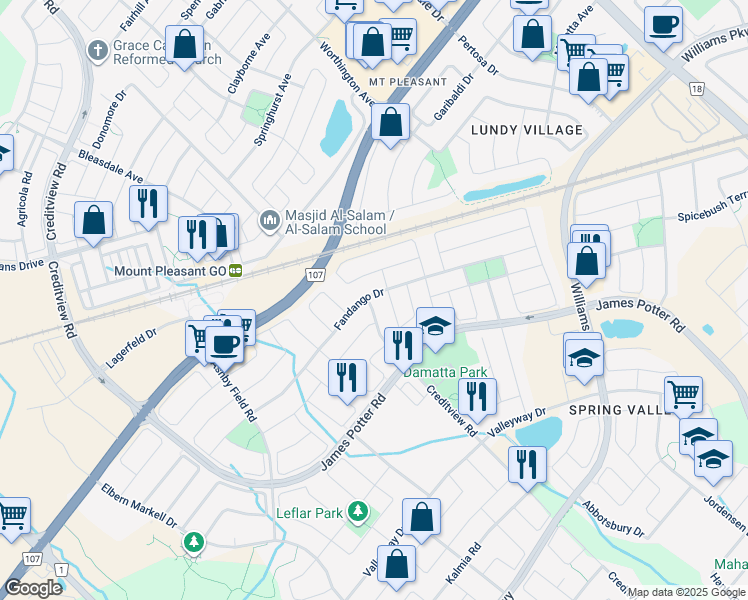 map of restaurants, bars, coffee shops, grocery stores, and more near 3 Georgian Road in Brampton