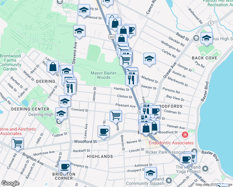 map of restaurants, bars, coffee shops, grocery stores, and more near 12 Hunt Street in Portland