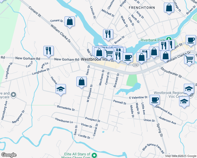 map of restaurants, bars, coffee shops, grocery stores, and more near 84 Mechanic Street in Westbrook