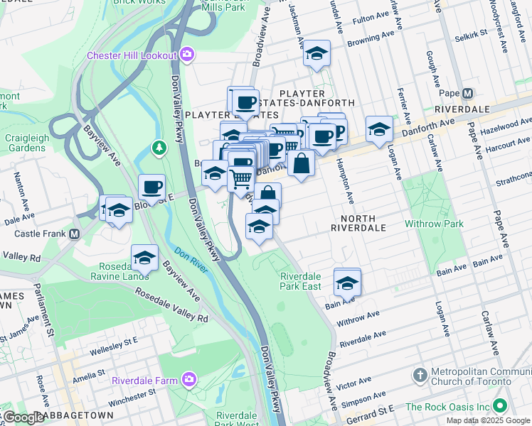 map of restaurants, bars, coffee shops, grocery stores, and more near in Toronto