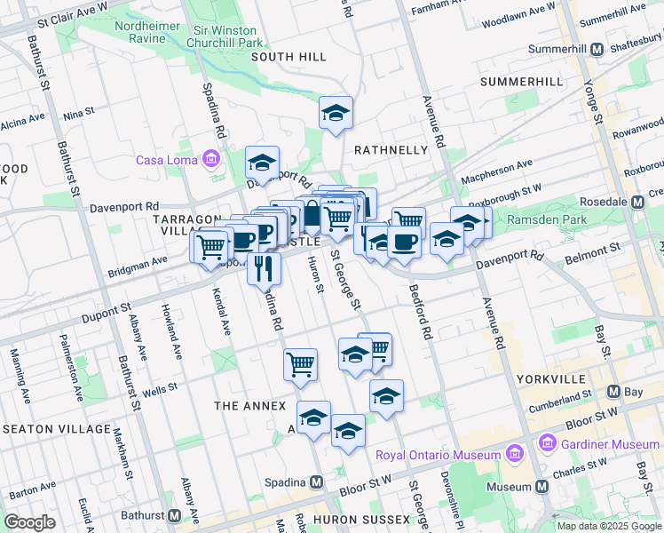 map of restaurants, bars, coffee shops, grocery stores, and more near in Toronto