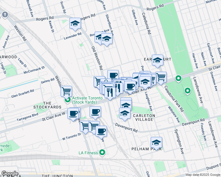 map of restaurants, bars, coffee shops, grocery stores, and more near in Toronto