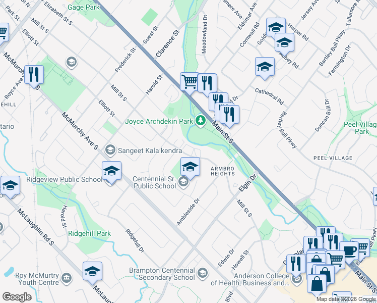 map of restaurants, bars, coffee shops, grocery stores, and more near 191 Mill Street South in Brampton