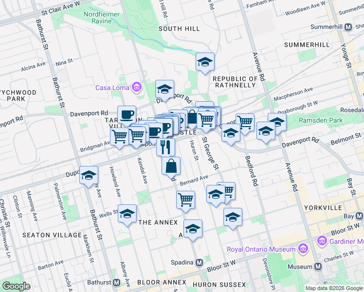 map of restaurants, bars, coffee shops, grocery stores, and more near 201 Madison Avenue in Toronto