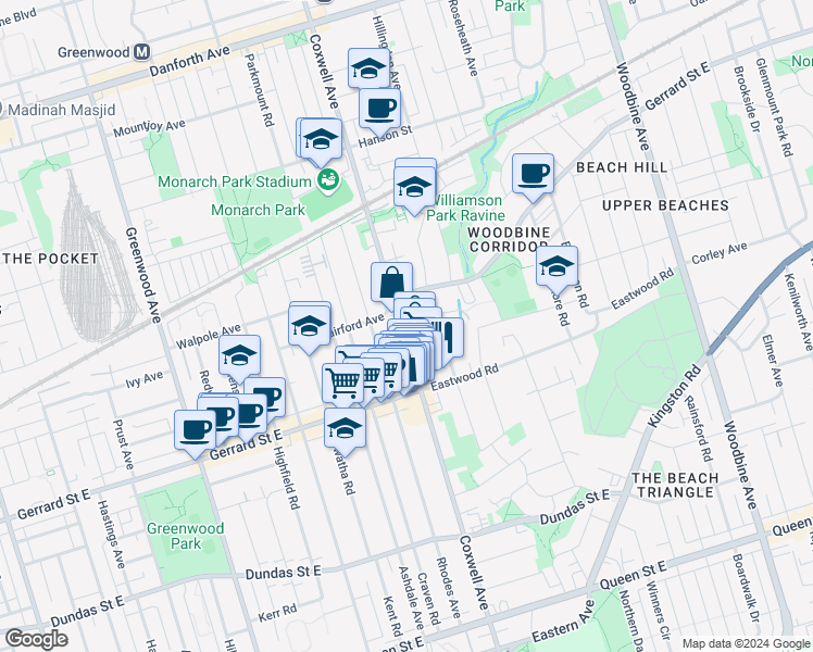 map of restaurants, bars, coffee shops, grocery stores, and more near 327 Coxwell Avenue in Toronto