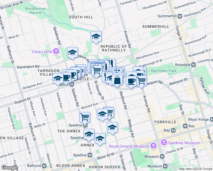map of restaurants, bars, coffee shops, grocery stores, and more near 141 Admiral Road in Toronto