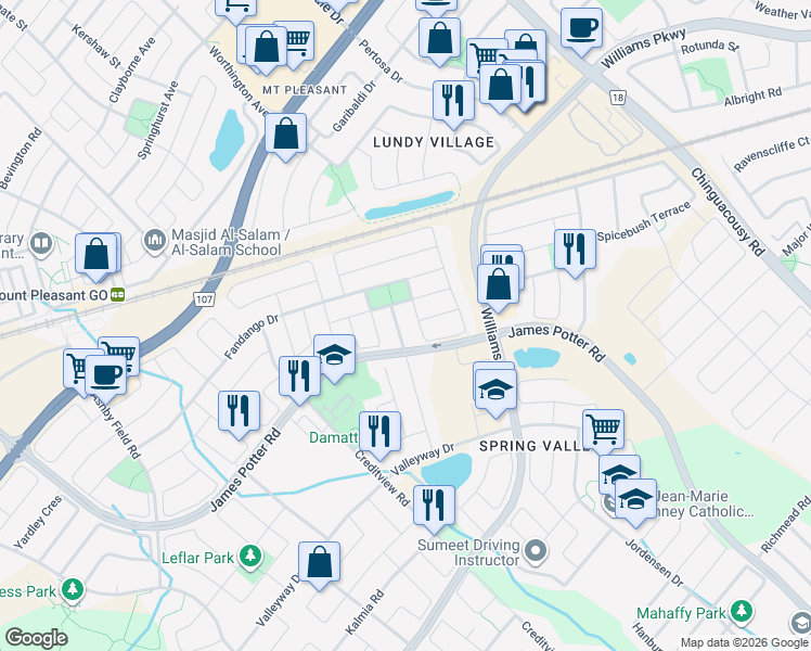 map of restaurants, bars, coffee shops, grocery stores, and more near 36 Dehaviland Crescent in Brampton