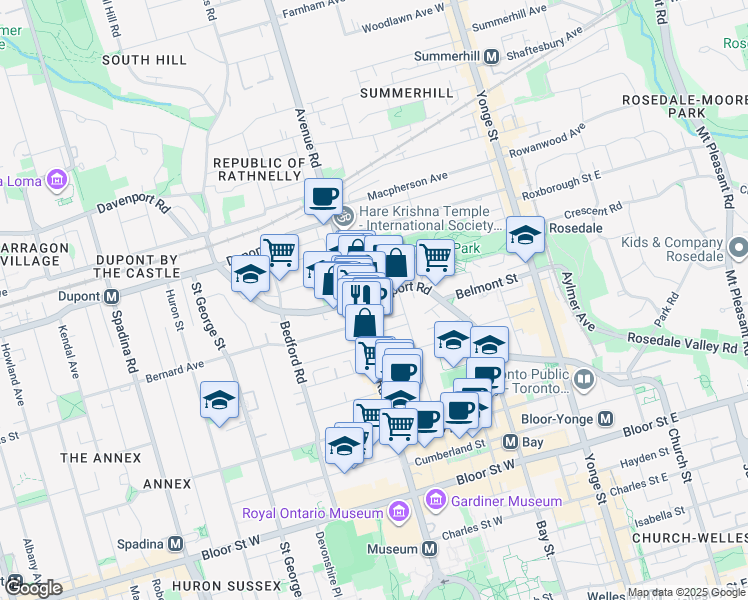 map of restaurants, bars, coffee shops, grocery stores, and more near 225 Davenport Road in Toronto