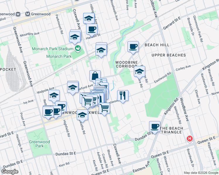 map of restaurants, bars, coffee shops, grocery stores, and more near 153 Gainsborough Road in Toronto