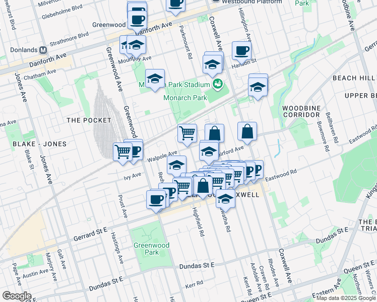 map of restaurants, bars, coffee shops, grocery stores, and more near 402 Woodfield Road in Toronto