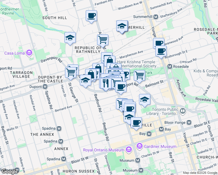 map of restaurants, bars, coffee shops, grocery stores, and more near 238 Davenport Road in Toronto