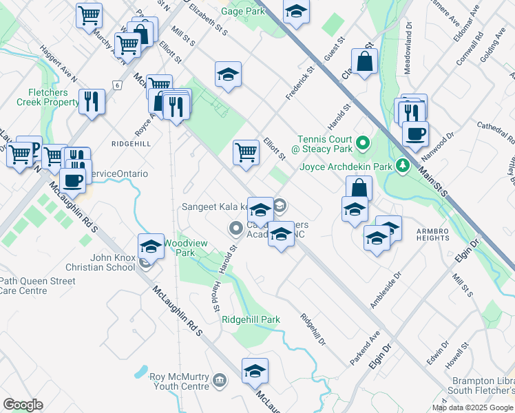 map of restaurants, bars, coffee shops, grocery stores, and more near 101 McMurchy Avenue South in Brampton