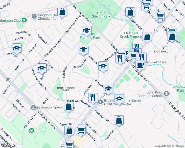map of restaurants, bars, coffee shops, grocery stores, and more near 19 Cambridge Crescent in Brampton