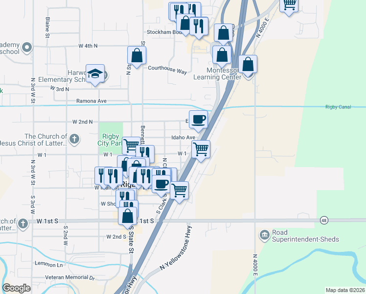 map of restaurants, bars, coffee shops, grocery stores, and more near 301 Idaho Avenue in Rigby