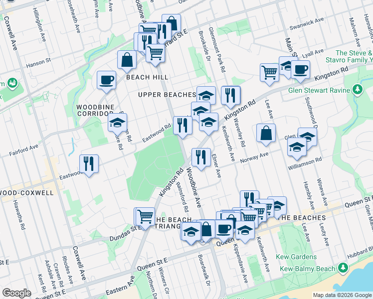 map of restaurants, bars, coffee shops, grocery stores, and more near 475 Woodbine Avenue in Toronto