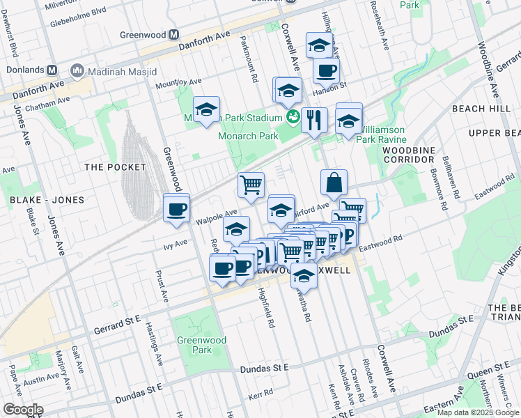 map of restaurants, bars, coffee shops, grocery stores, and more near 401 Woodfield Road in Toronto