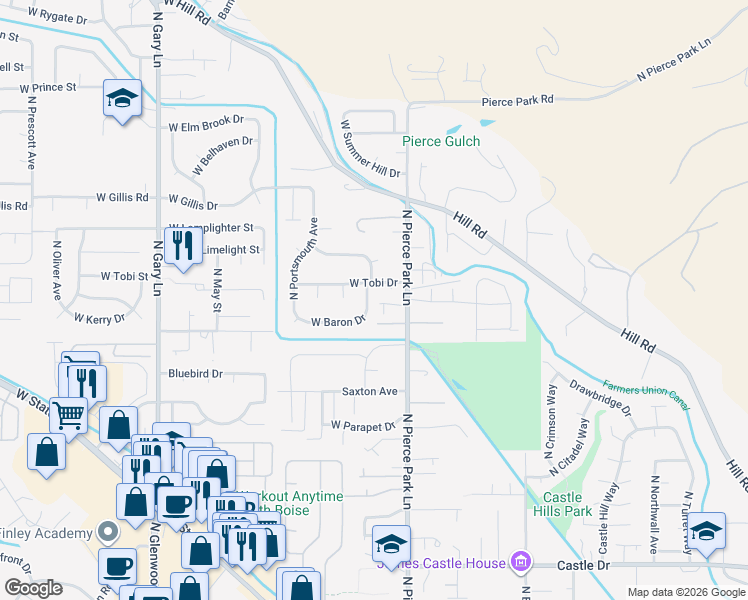 map of restaurants, bars, coffee shops, grocery stores, and more near 6472 West Tobi Drive in Boise