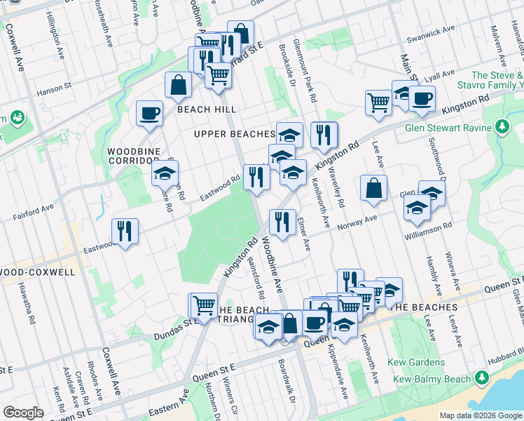 map of restaurants, bars, coffee shops, grocery stores, and more near 475 Woodbine Avenue in Toronto